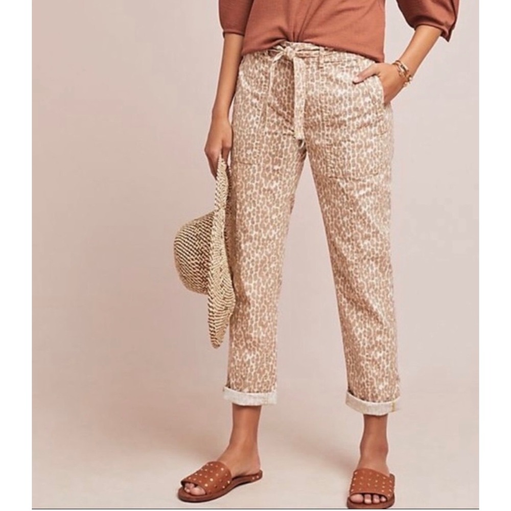 Anthropologie Wanderer Animal Print Utility Pants Tan Brown Pockets Women's 31.